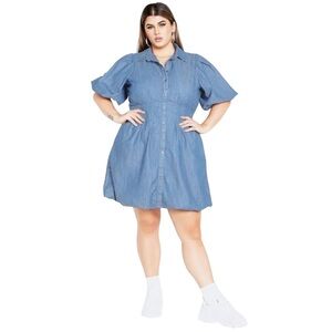 City Chic Ella Denim Shirt Dress Puff Sleeve Button Front Chambray Mini 20 NWT
